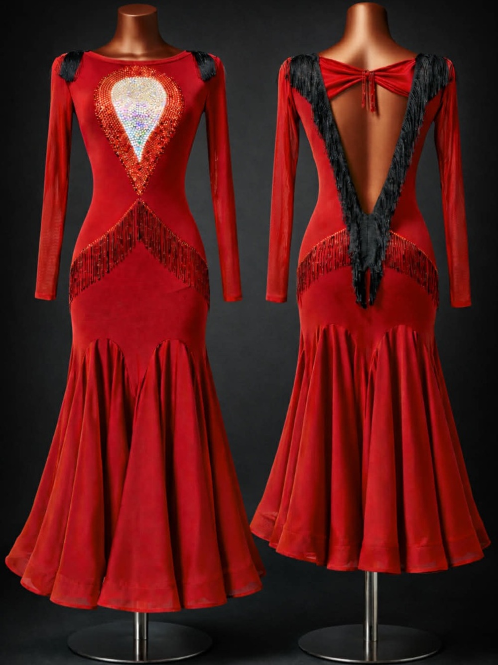 Red Long Sleeve Fringe-Sequin Ballroom Dress